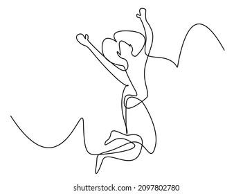 cheerful woman jumping drawing single line concept