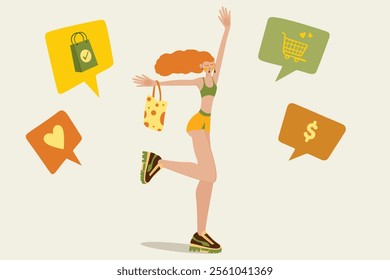 Cheerful woman jumping and holding shopping bag, surrounded by colorful speech bubbles showing heart icon, shopping cart, money, representing excitement and modern consumer culture. Vector art.