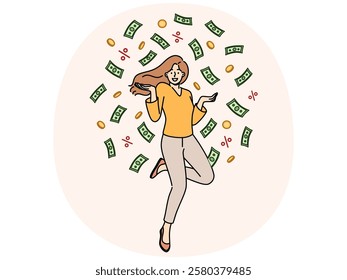 Cheerful woman jumps up standing among rain of money and celebrates receiving big salary. Successful businesswoman boasts about high earnings she receives thanks to launch of successful startup