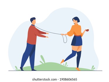 Cheerful woman leading boyfriend on leash. Dominant, manipulator, addict. Flat vector illustration. Toxic relationship, violence, abuser concept for banner, website design or landing web page