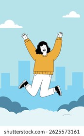 A cheerful woman leaps in the air with arms raised against a backdrop of clouds and city buildings, radiating happiness and freedom.
