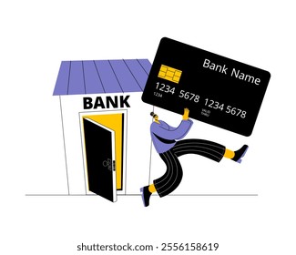 Cheerful woman leaving the bank with a new credit card. Vector illustration on banking, finance and credit history of individuals.