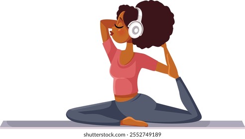 
Mujer alegre que escucha una canción que hace la historieta del Vector del yoga. Muchacha feliz que hace ejercicio mientras que disfruta de la música en una estera 
