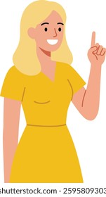 A cheerful woman with long blonde hair, wearing a yellow dress, raises her finger with a smile, conveying a sense of inspiration and positivity in the scene.