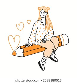 Cheerful woman with long red hair sits on big pencil color linear icon. Bright pencil draws heart shapes characters doodle illustration