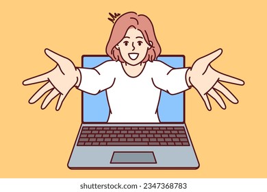 Cheerful woman looks out of laptop with VR effect of virtual reality and spreads arms to sides, wanting to hug you. Laptop with positive girl from internet advertising on website or in software