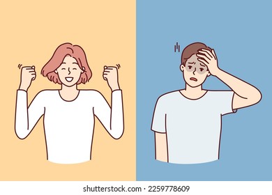 Cheerful woman makes victorious wave of hands and unhappy man clutching head. Casual girl and guy with different moods for concept of different reactions to events or news