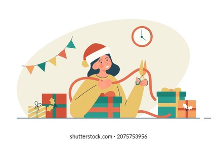 Cheerful woman making and packing gifts. Winter holiday gift preparing for family and friends. New year shopping and sale concept. Modern flat vector illustration