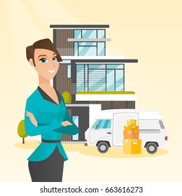 Cheerful woman moving to a new house. Young happy woman standing in front of his new home. Caucasian new homeowner unloading boxes from pantechnicon van. Vector flat design illustration. Square layout