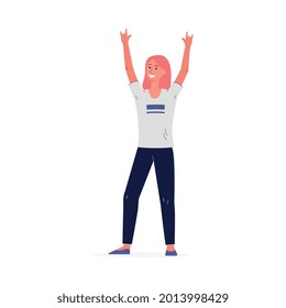 Cheerful woman music fan raising her hands up, flat vector illustration isolated on white background. Happy music lover or concert goer female cartoon character.