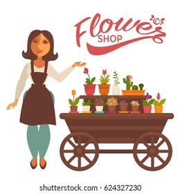 Cheerful woman near wagon with flowers