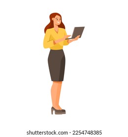 Cheerful Woman Office Worker Standing with Laptop and Smiling Vector Illustration