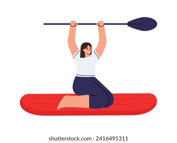 Cheerful woman on a sup board, holding a paddle above her head, ready to sup surfing. Hand drawn isolated on white vector illustration in flat design