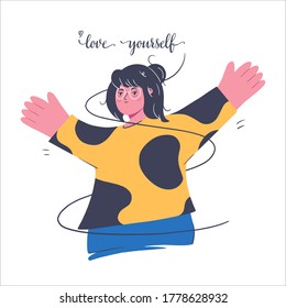 Cheerful woman with open arms. Feminist and body positive concept. Women empowerment, self acceptance and gender equality. Flat vector illustration isolated on white background