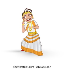 Cheerful Woman Performing Mohiniyattam Classical Dance In Traditional Attire.