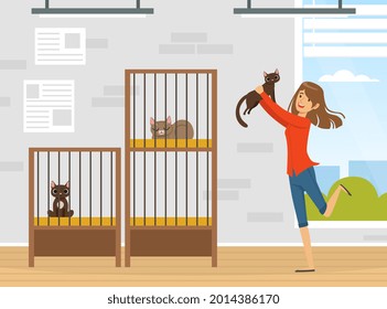 Cheerful Woman Pet Owner Adopting Cat from Boarding Cattery Vector Illustration