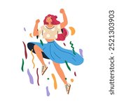 A cheerful woman with pink hair, a white polka-dotted top, and a blue skirt jumps with joy while surrounded by colorful confetti. Ideal for themes about happiness, celebration, youthful energy