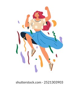 A cheerful woman with pink hair, a white polka-dotted top, and a blue skirt jumps with joy while surrounded by colorful confetti. Ideal for themes about happiness, celebration, youthful energy