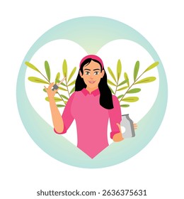A cheerful woman in pink holds various skin care routine products such as serum oil, hygiene and moisturizing. Beauty routine concept.