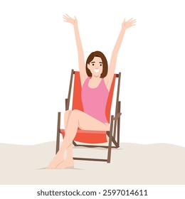 Cheerful woman in a pink swimsuit sits on a beach chair with her arms raised, joy and relaxation. Flat vector illustration isolated on white background