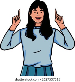 Cheerful Woman Pointing Up with Positive Expression