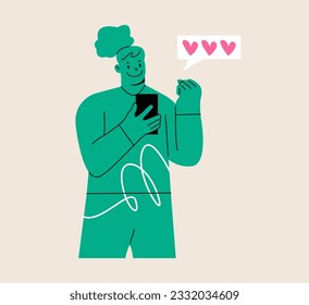 Cheerful woman popular blogger looking glad standing with smartphone and checking number of followers and likes. Colorful vector illustration
