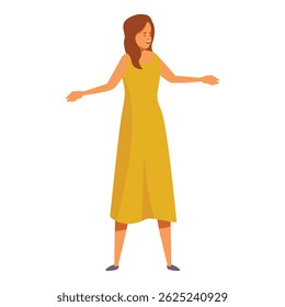 Cheerful woman presenting something with open arms, wearing a yellow dress, smiling and looking to the side
