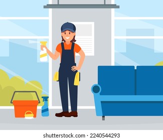 Cheerful woman professional cleaner in uniform cleaning window in office with detergent. Cleaning service company staff flat vector