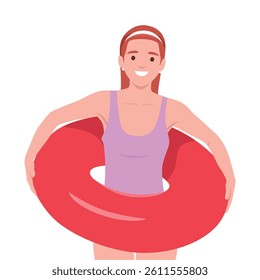 Cheerful woman in a purple swimsuit poses with a red swim ring, ready for fun in the water. Flat vector illustration isolated on white background