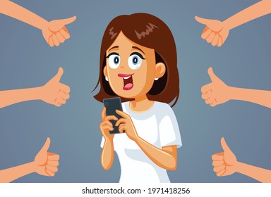 Cheerful Woman Receiving Thumbs up on Social Media. Internet addict getting dopamine from online validation and appreciation
