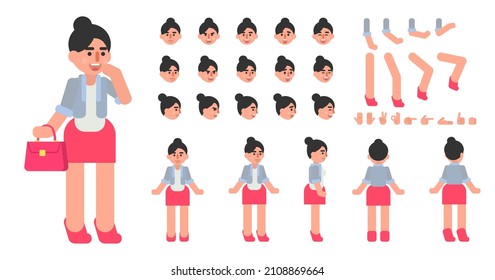 Cheerful woman in red skirt creation kit. Create your own action, pose, animation. Modern vector illustration