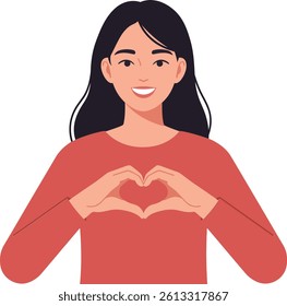 A cheerful woman in a red sweater forms a heart shape with her hands, radiating positivity and warmth in this engaging vector illustration.