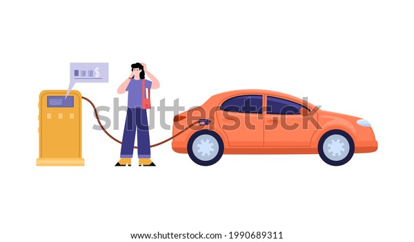 Cheerful woman refueling her car at\
gas station and enjoying saving money, flat cartoon vector\
illustration isolated on white background. Fuel and money\
economy.