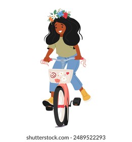 Cheerful Woman Riding A Bicycle Adorned With Floral Decorations. Female Character Wears A Flower Crown Exuding Joy And Freedom. Cartoon Vector Theme Of Happiness, Outdoor Activities, Carefree Moments