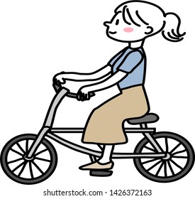Cheerful woman riding bike. Happy woman with ponytail riding bicycle. Vector illustration with hand-drawn style.