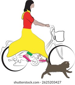 Cheerful Woman Riding Bike with Running Cat Art