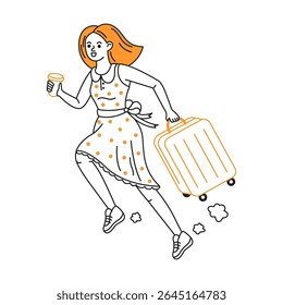 A cheerful woman running with a suitcase in hand, on a white background. Her orange hair and polka dot dress add vibrancy to the scene. It conveys a sense of urgency and joy.