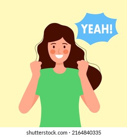 Cheerful woman saying yeah in flat design. Happy successful female raising hands.