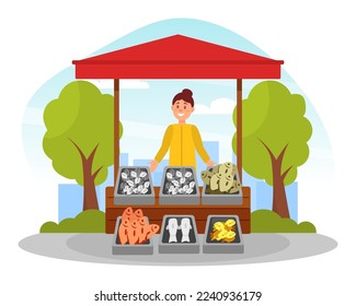 Cheerful woman selling fresh seafood at wooden market stall. Outdoor food market flat vector