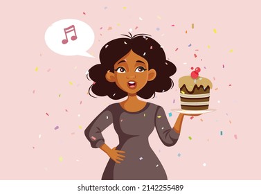 Cheerful Woman Singing Happy Birthday Vector Cartoon Illustration  Happy wife throwing surprise party for the anniversary baking dessert
