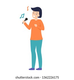 A cheerful woman sings into a microphone. Karaoke. Isolated vector illustration