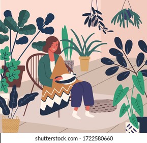 Cheerful woman sit in armchair covering warm plaid vector flat illustration. Smiling domestic female resting at home stroking cat. Joyful girl having anti stress leisure surrounded by houseplant