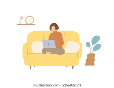 Cheerful woman sitting on sofa and using laptop in living room. Concept of working form home, online communication, living at home, leisure time, lifestyle, freelancer. Flat vector illustration.