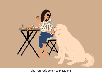 Cheerful woman sitting at a table with croissants and a big white dog and having lunch. Spend time outdoors. Flat style. Vector illustration.