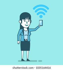 Cheerful woman with smartphone shows stable, fast internet connection. Good internet connectivity. Simple style vector illustration