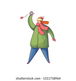 Cheerful woman with snowball in hand. Young smiling girl in warm clothes. Winter season. Hand drawn vector design
