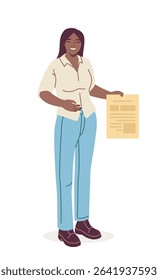 Cheerful woman standing and holding a document in one hand, flat cartoon style, white background. Concept of agreement, approval, or paperwork. Vector illustration
