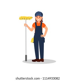 Cheerful woman standing with mop. Cleaning company, service. Young girl in working uniform. Colorful flat vector design