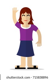 Cheerful woman Standing raise his hand and greeting say Hello