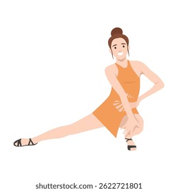 Cheerful woman strikes a dynamic dance pose in an orange outfit, radiating energy, confidence. Flat vector illustration isolated on white background
